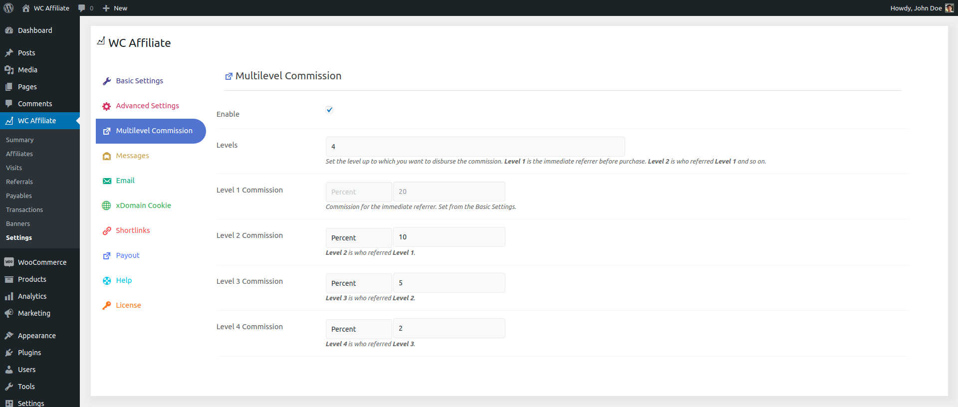 Admin - Multilevel Commission Settings