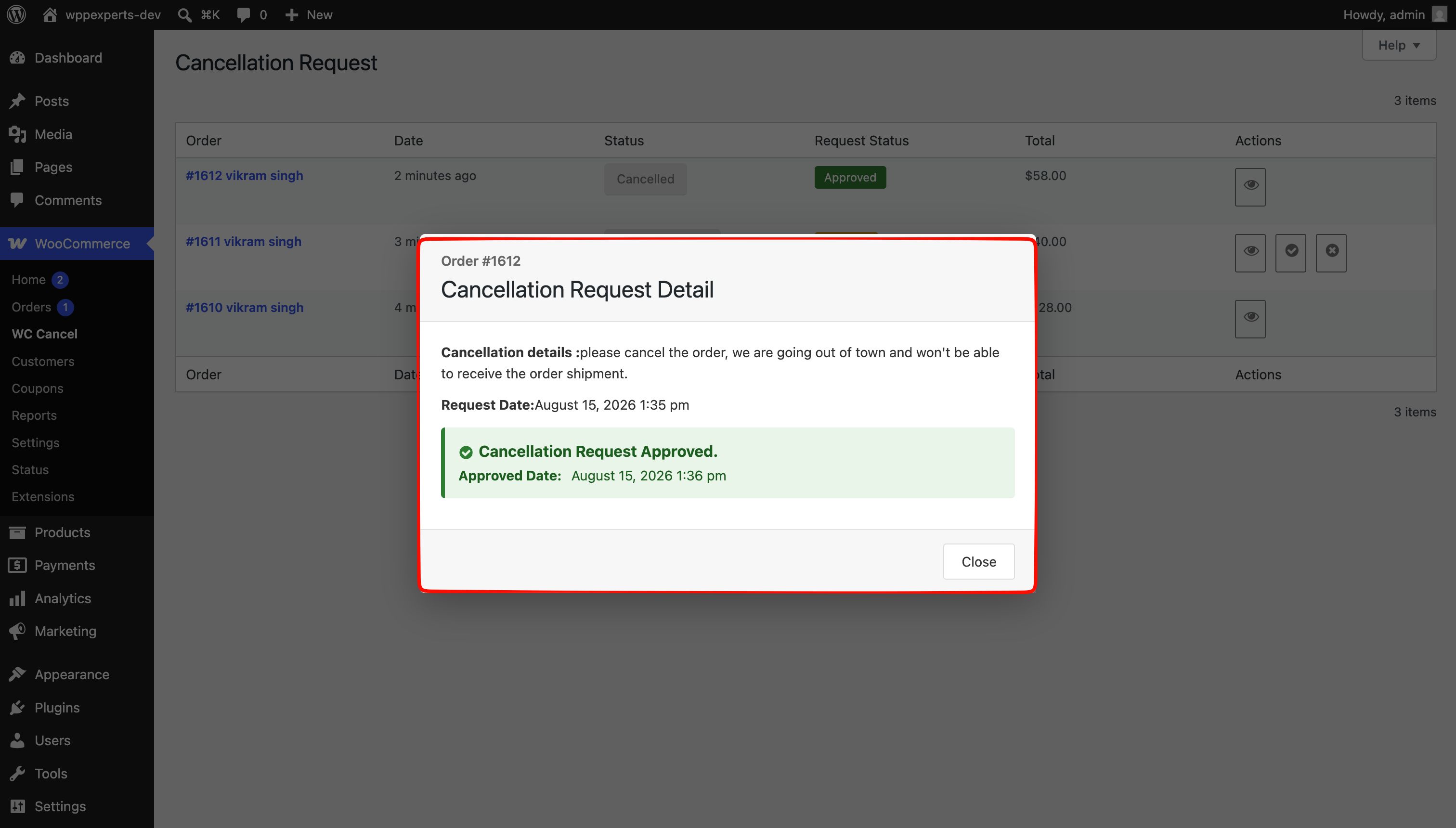 Approved Cancellation Request Popup