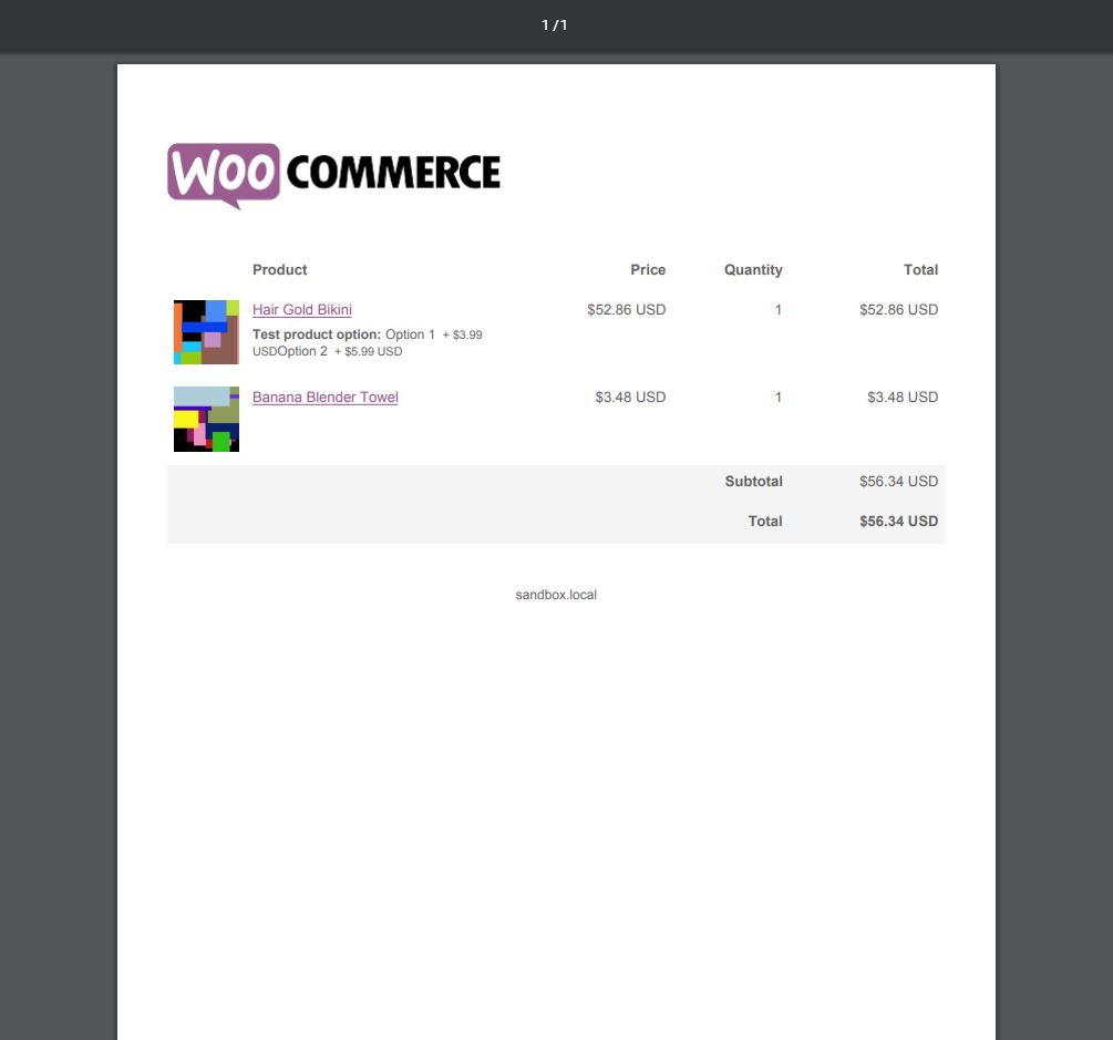 Preview of an example PDF generated from the WooCommerce Cart