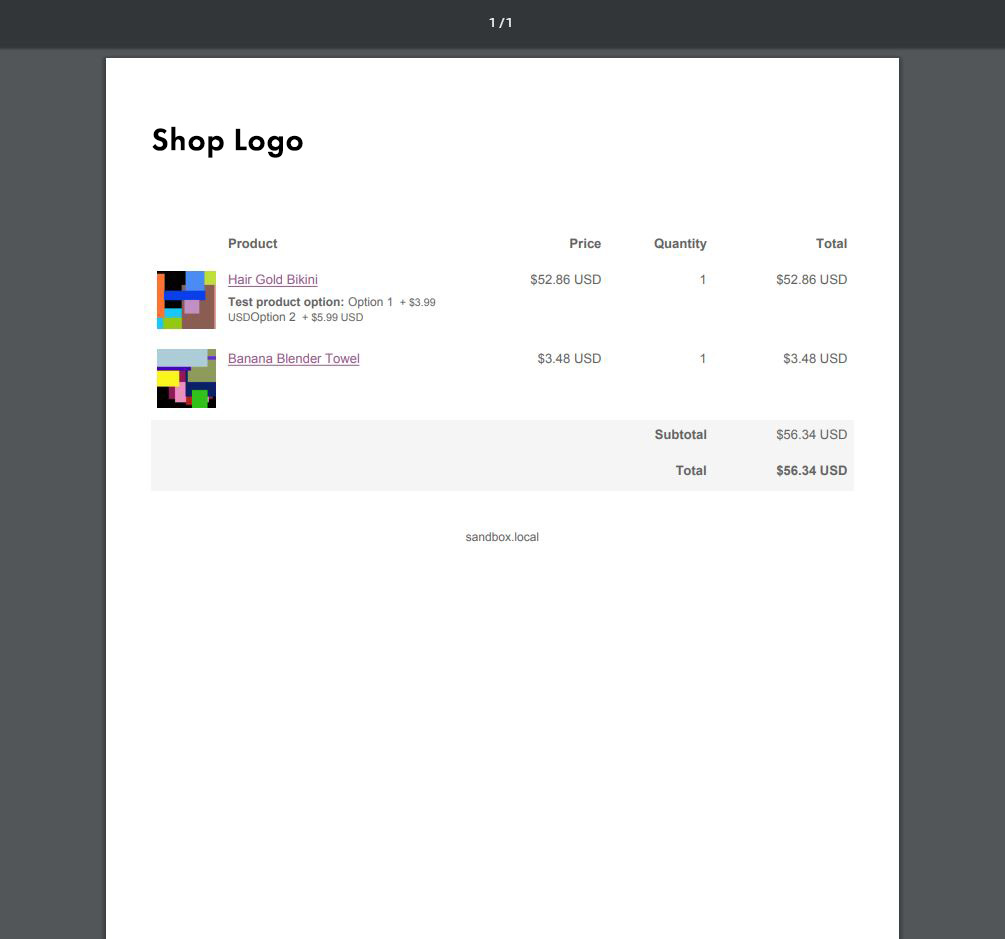 Preview of an example PDF generated from the WooCommerce Cart