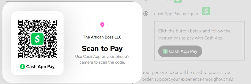 Checkout page view for customers using the Cash App Pay payment method enabled.