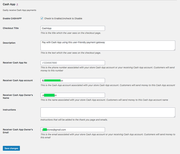 Plugin settings for the Cash App Link payment method and this information will be displayed to your customers