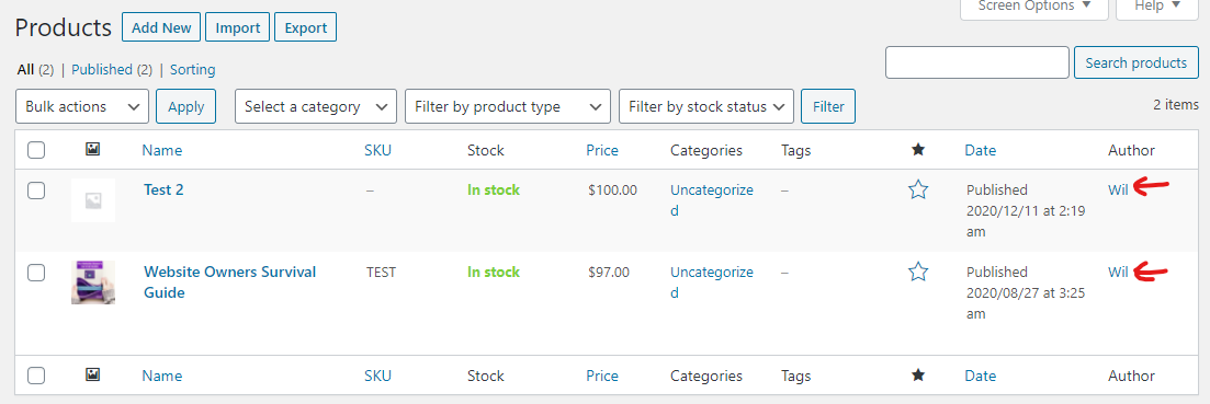 Products view now shows the product author