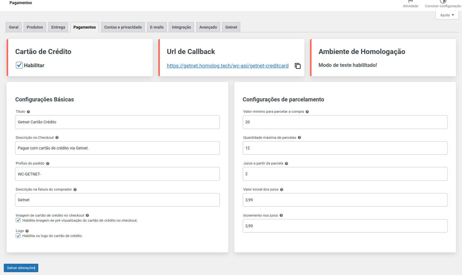 Configurações do Método de pagamento Cartão de crédito