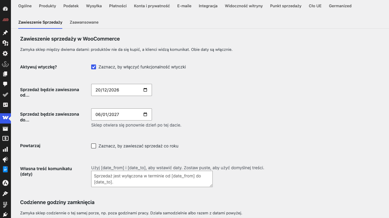 Settings under WooCommerce → Settings → Disable Sales