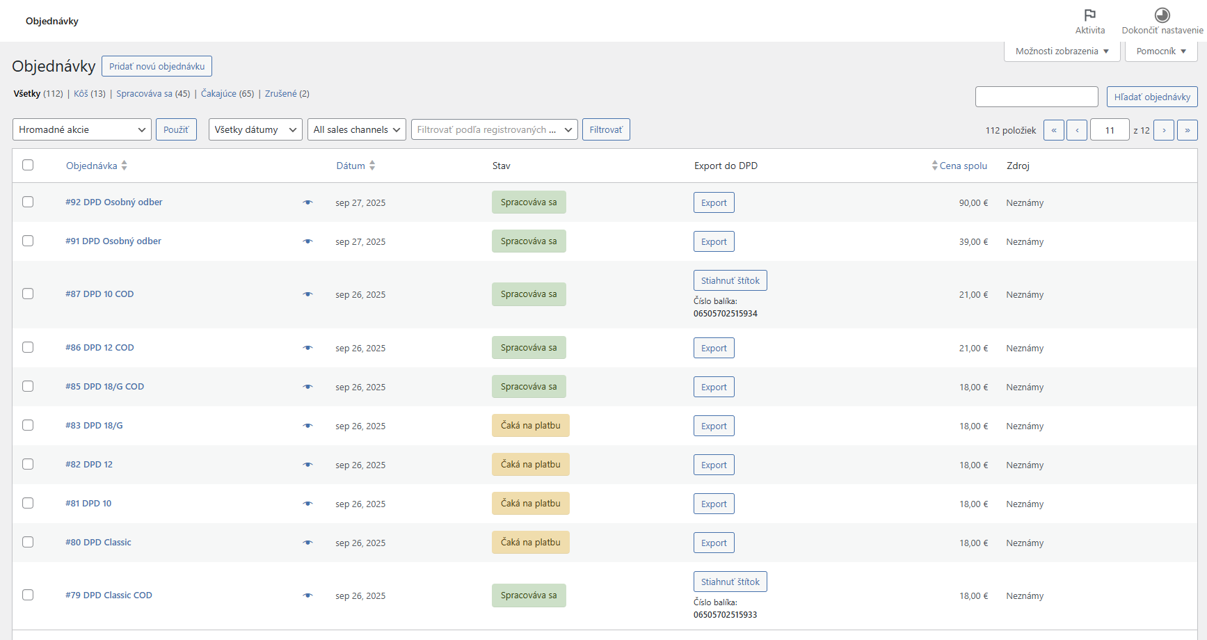Zobrazenie stĺpca pre export do DPD v zozname WooCommerce objednávok