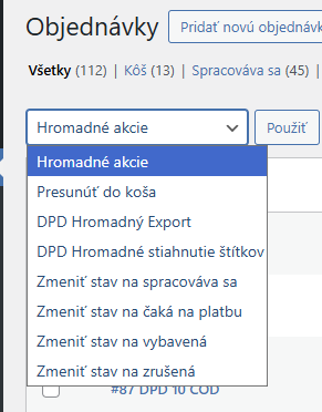 Zobrazenie možnosti hromadného exportu do DPD v zozname WooCommerce objednávok