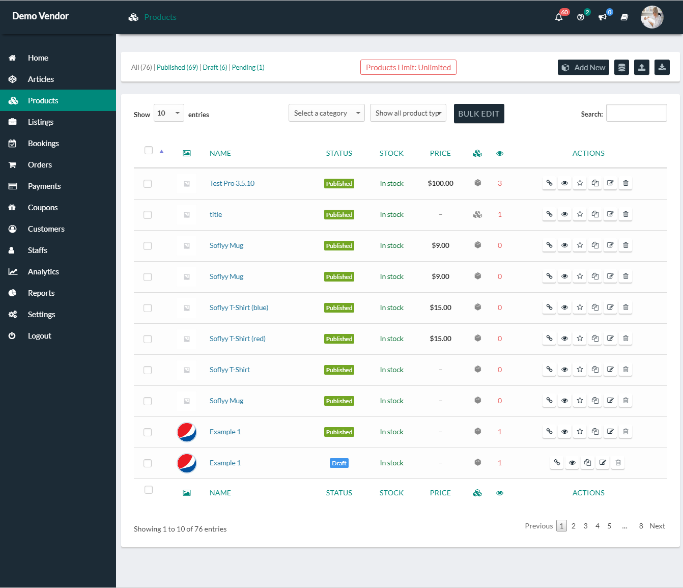 WCFM Products Dashboard