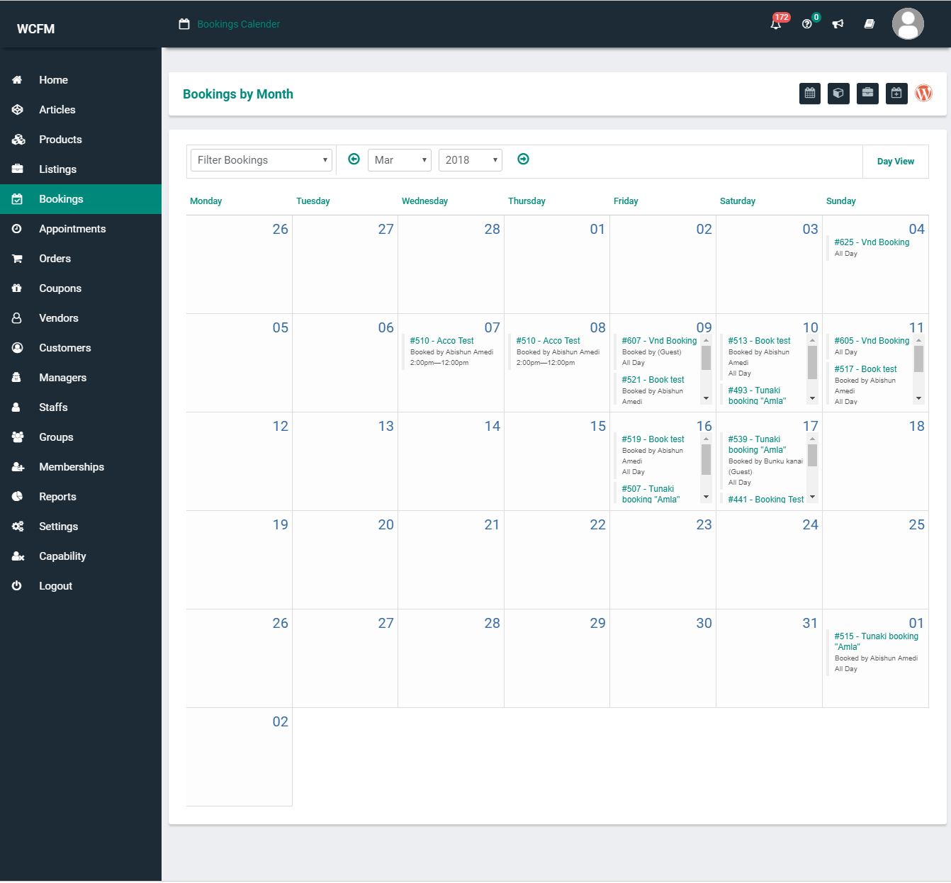 WCFM Bookings Calendar