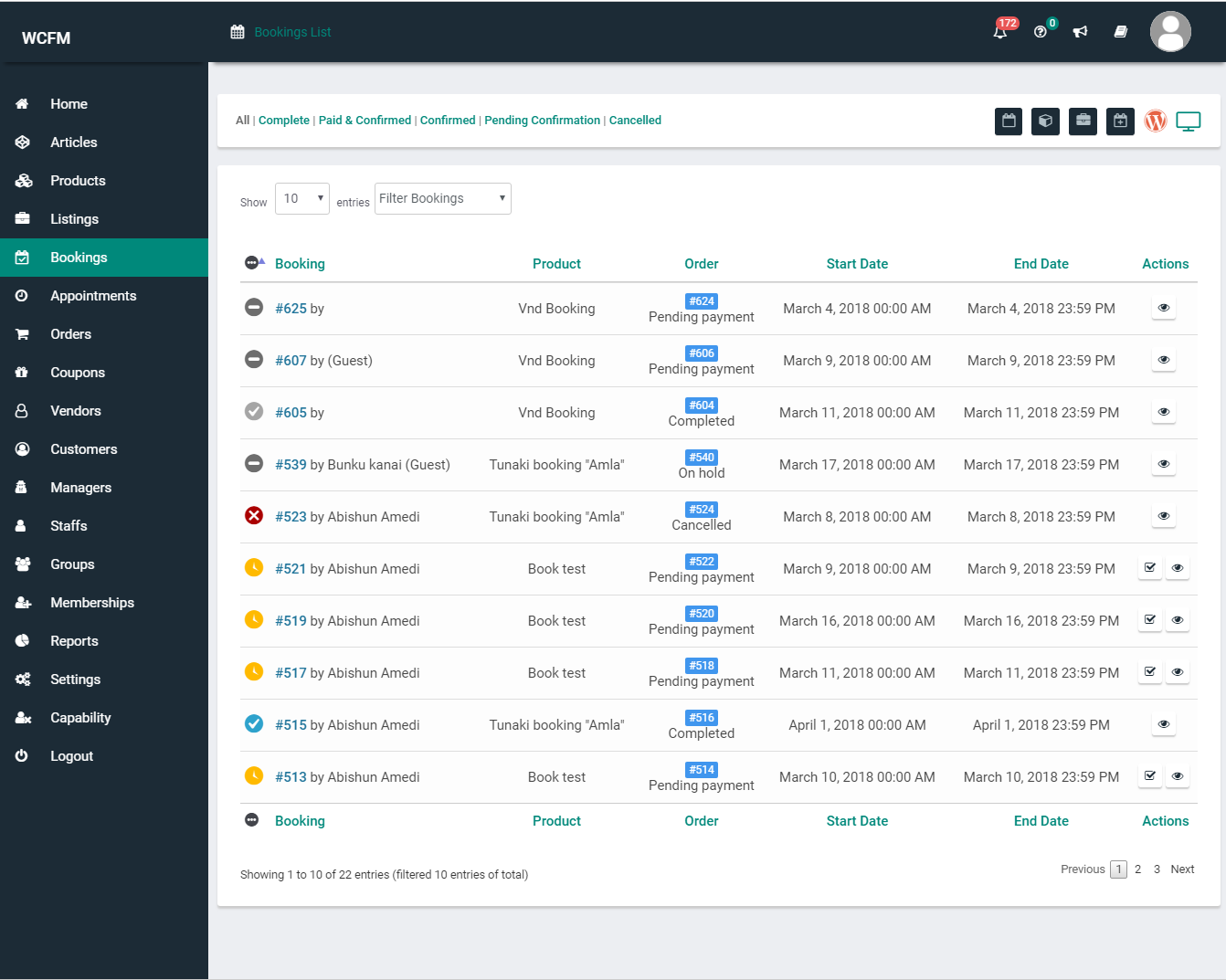 WCFM Bookings Dashboard