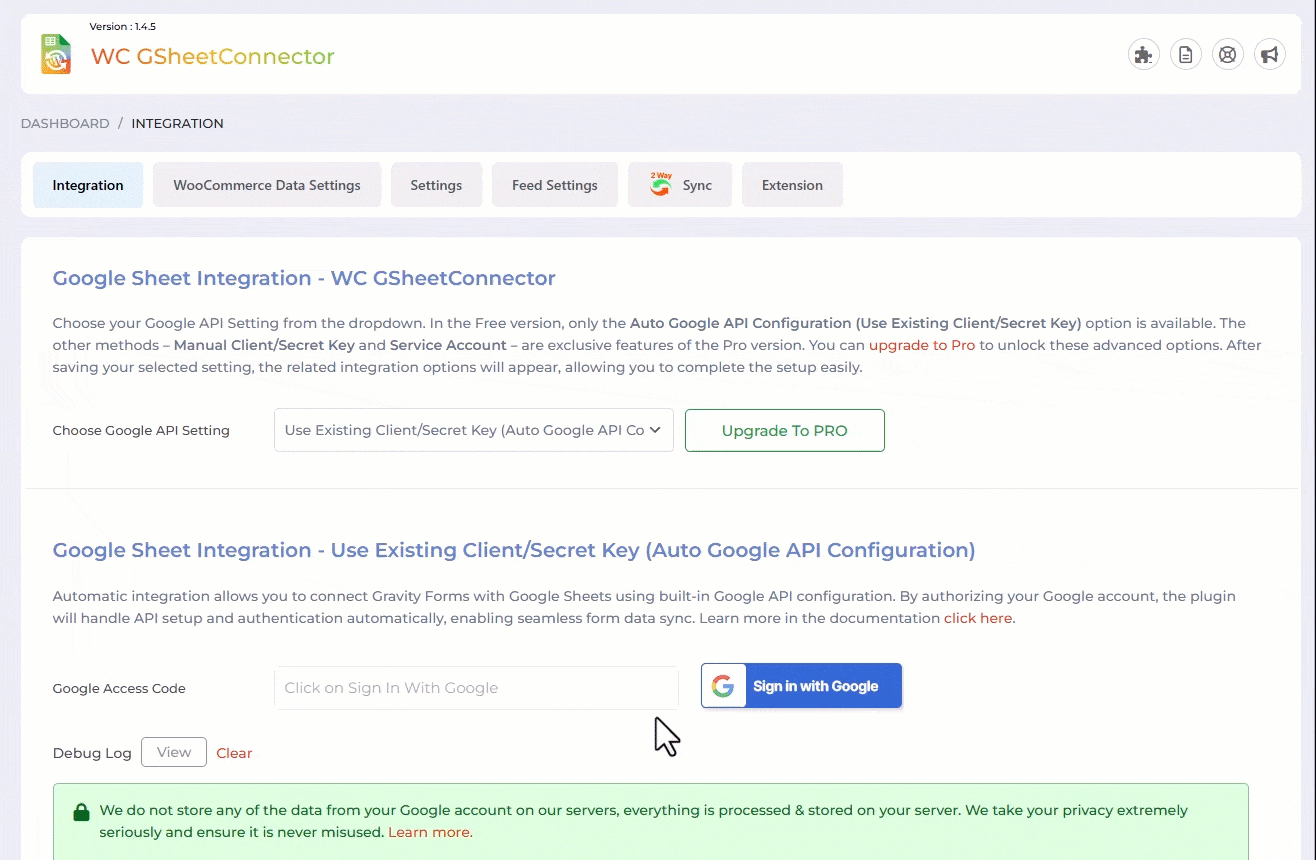 Google Sheet Integration Shown with Authentication along with Permissions.