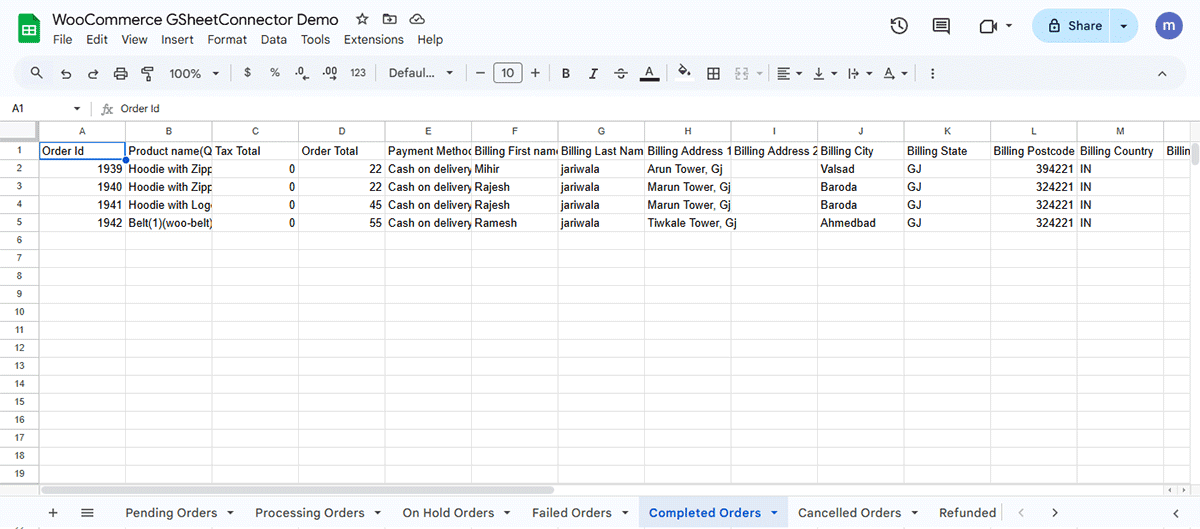 Google Sheet Tab Creation as per order status and Google Sheet headers with form submitted data.