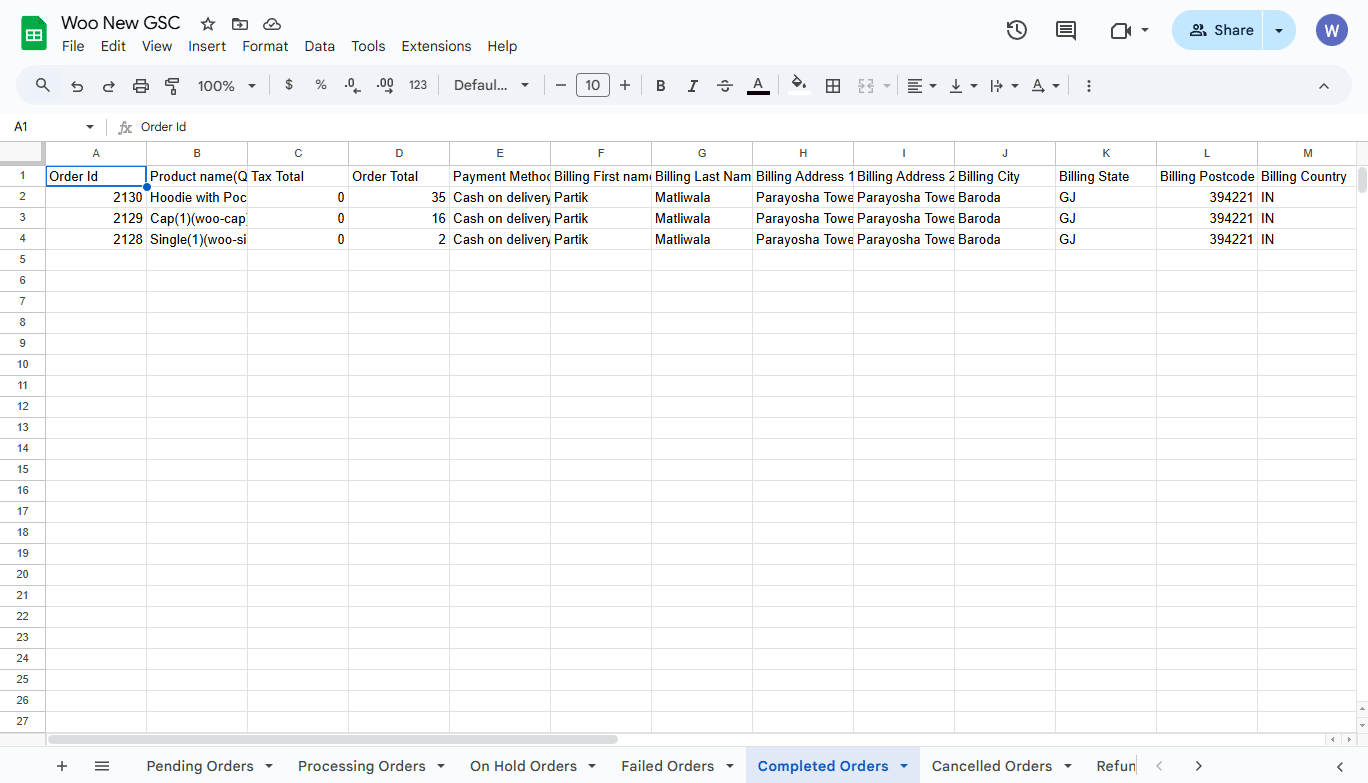 Google Sheet Tab Creation as per order status and Google Sheet headers with form submitted data.