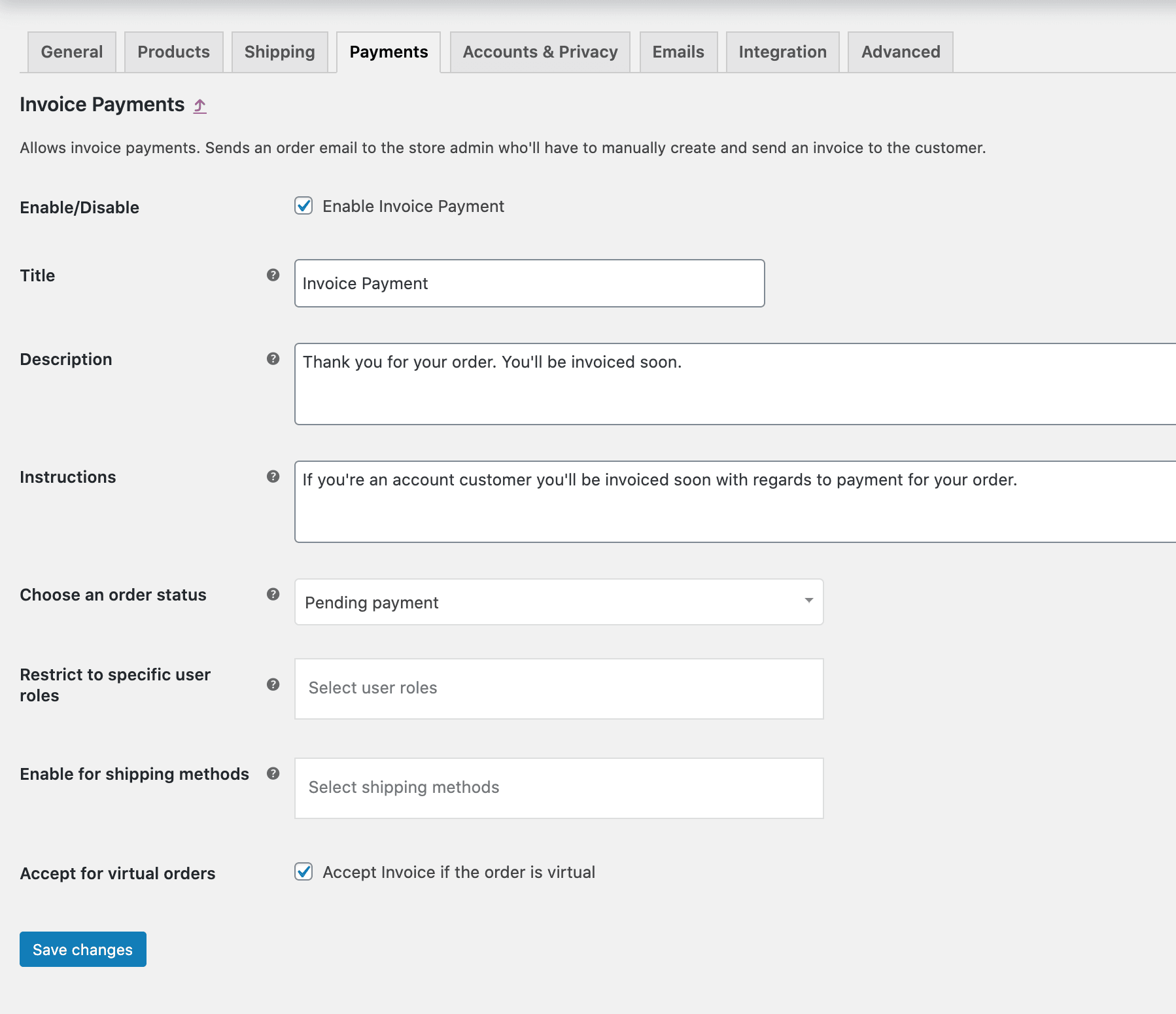 The Invoice Payment Gateway for WooCommerce settings panel.