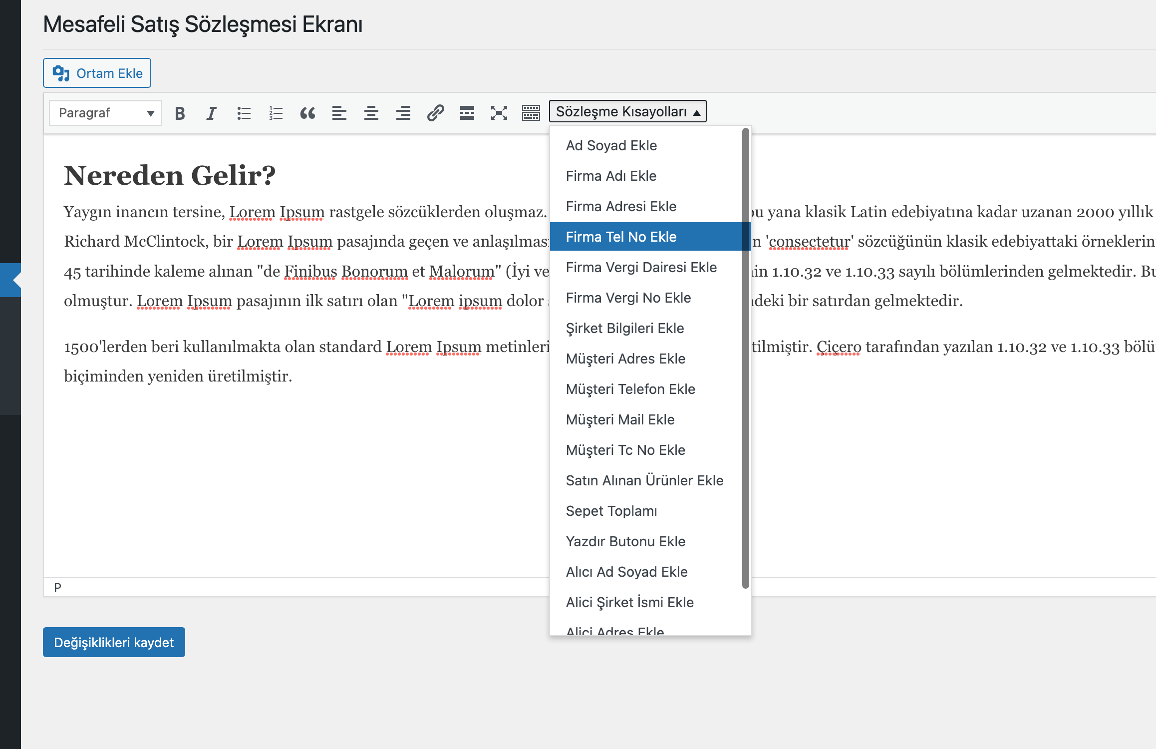 Shortcut insertion in Contract Edit Screen