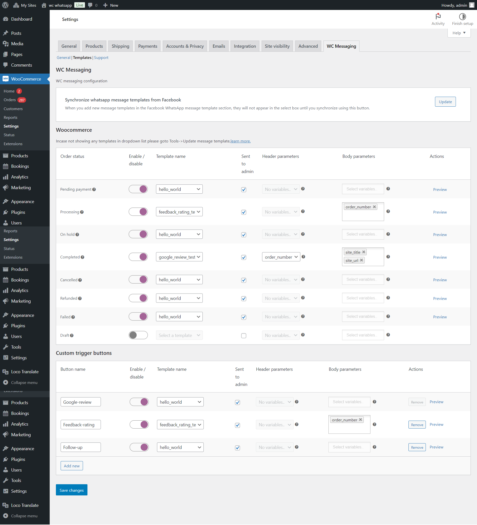 Template setting page of WC Messaging Free version