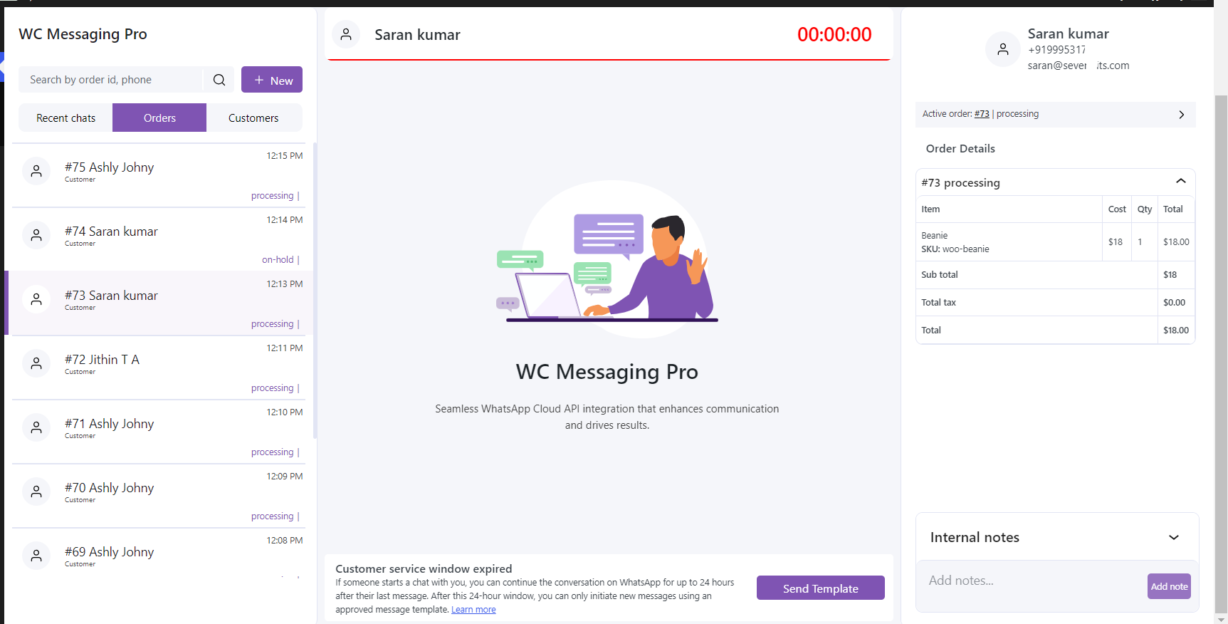 Order chat page of WC Messaging Pro version