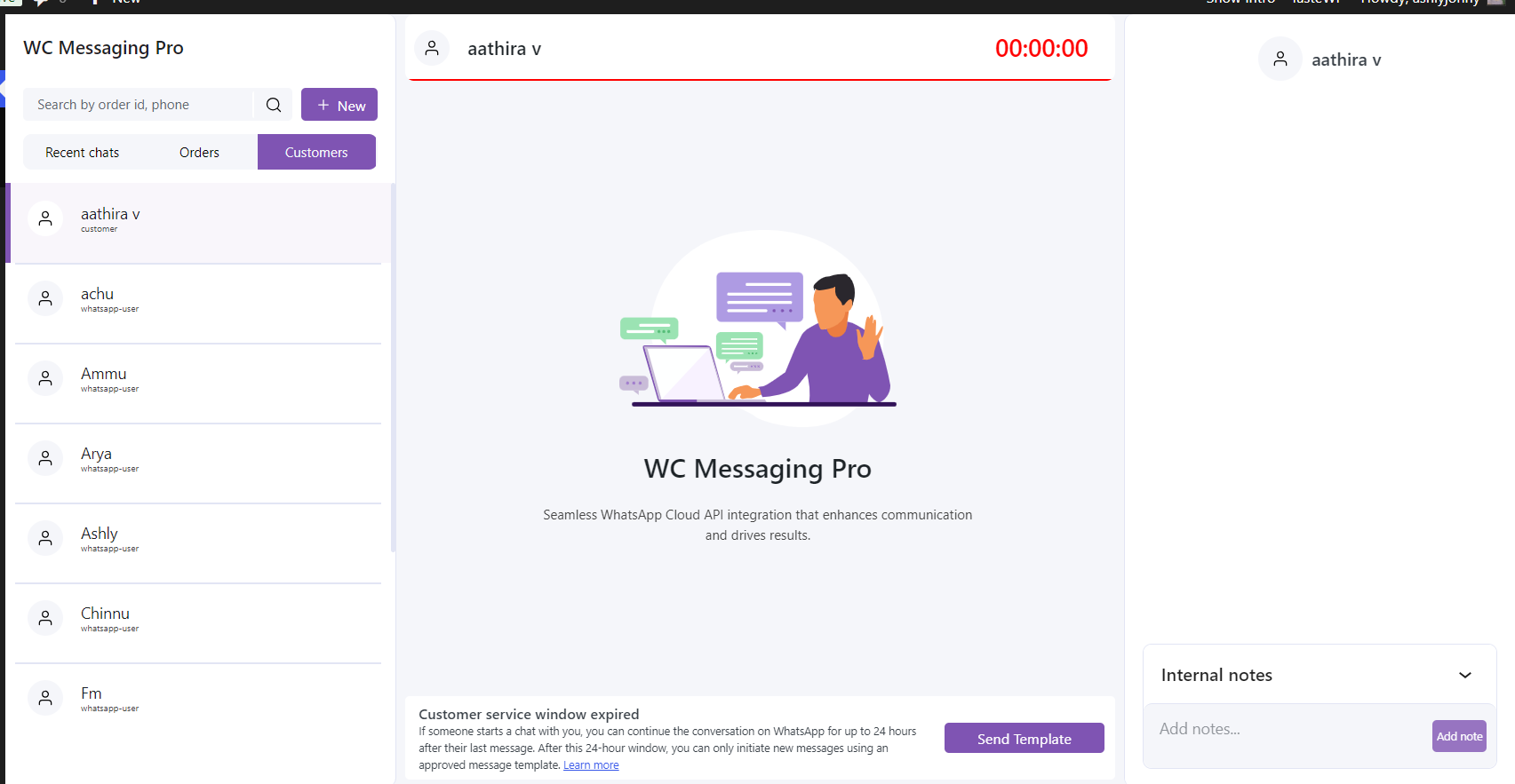 Customers chat page of WC Messaging Pro version