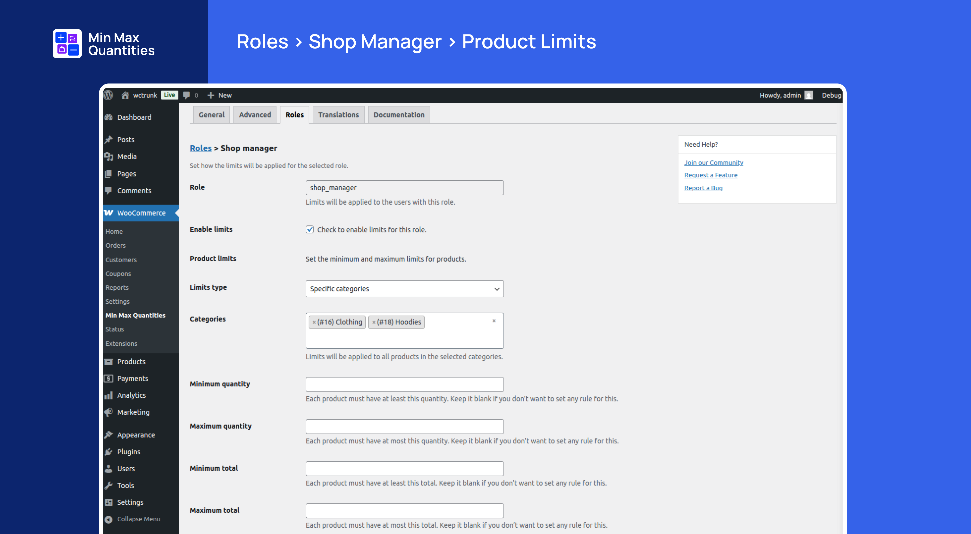Roles > Shop Manager > Product Limits (Pro)
