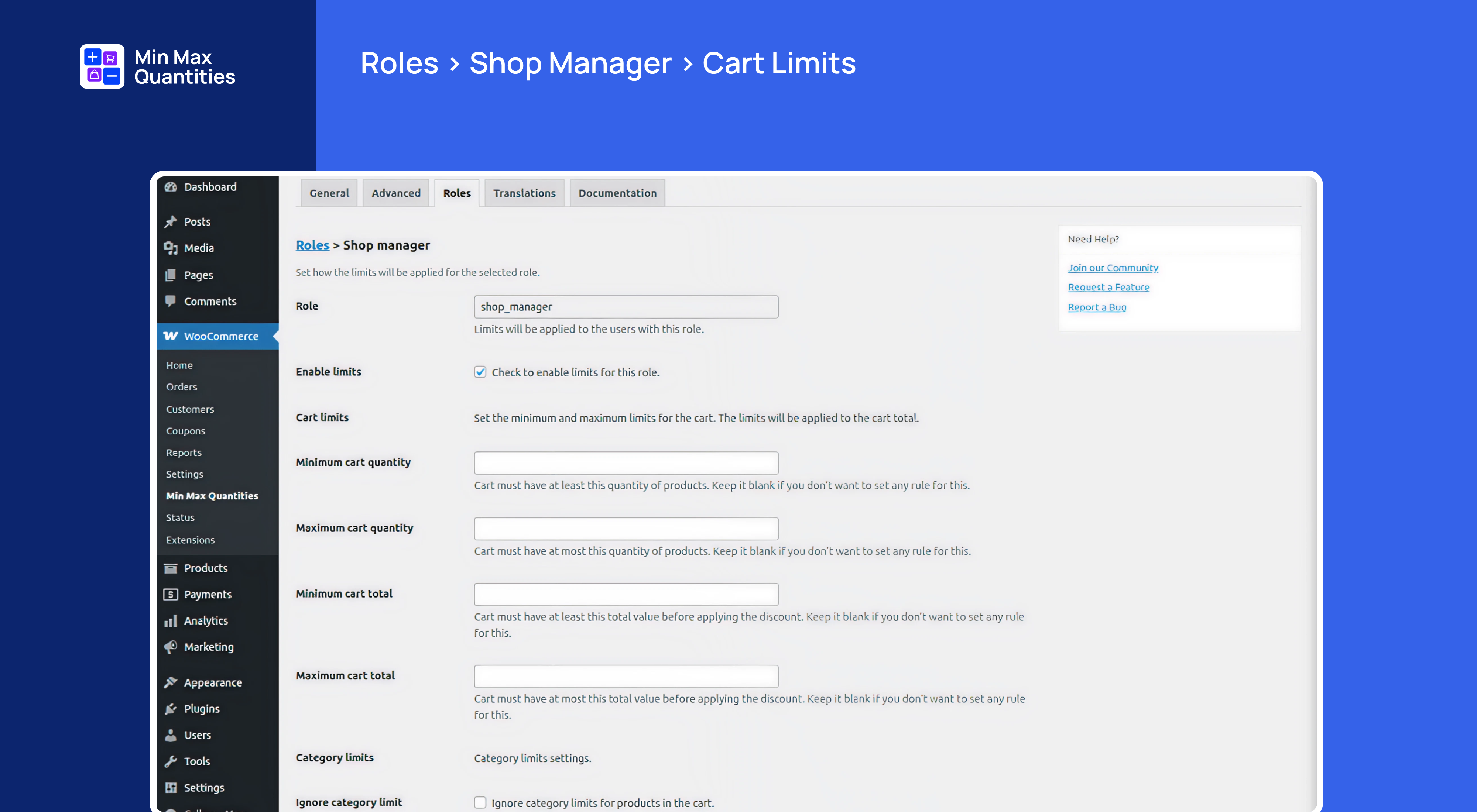 Roles > Shop Manager > Cart Limits (Pro)
