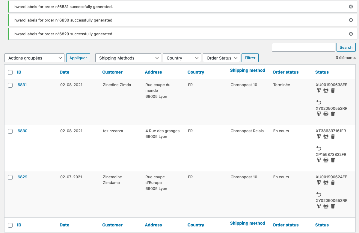Chronopost order listing