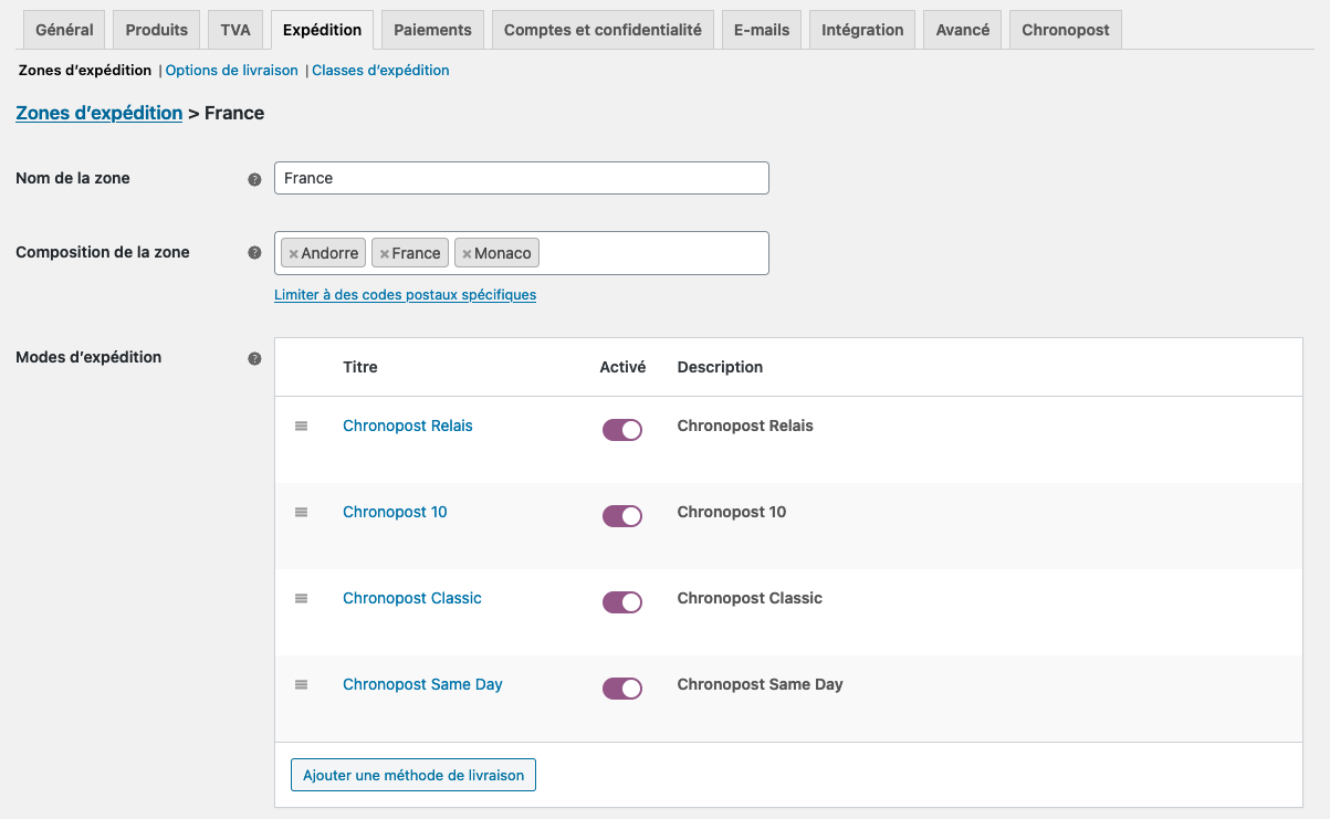 Chronopost WooCommerce shipping methods