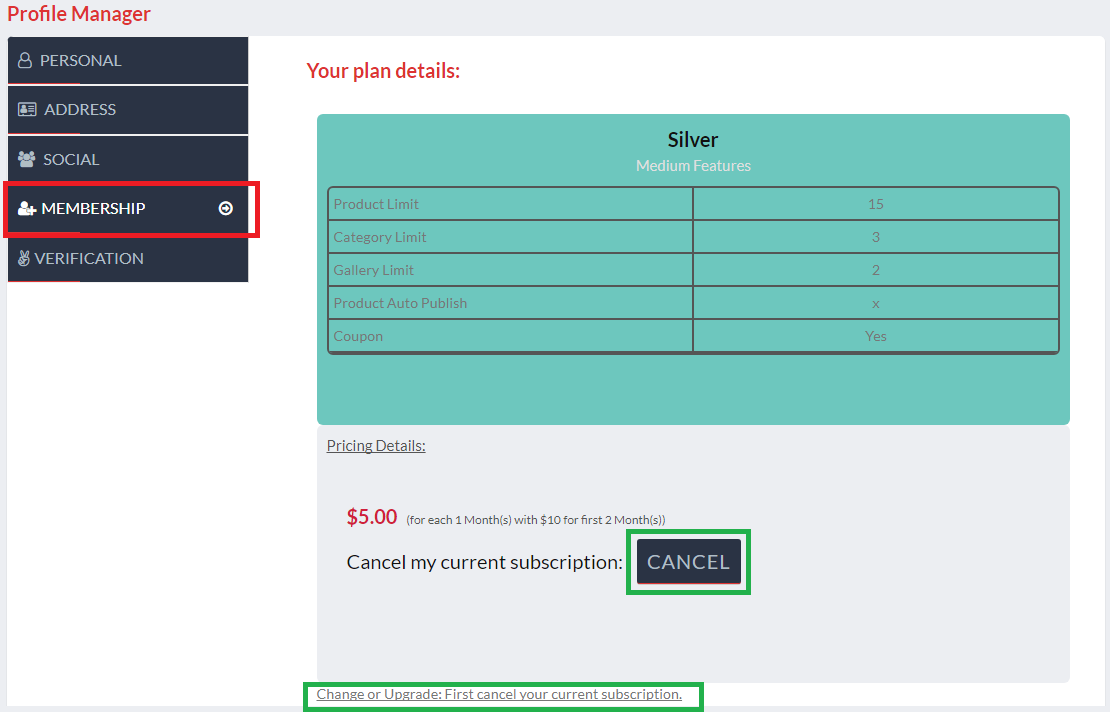 Membership Details - Cancel &amp; Upgrade