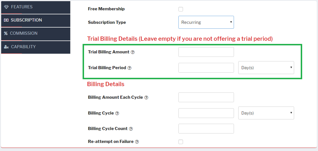 Membership Recurring Subscription with Trial