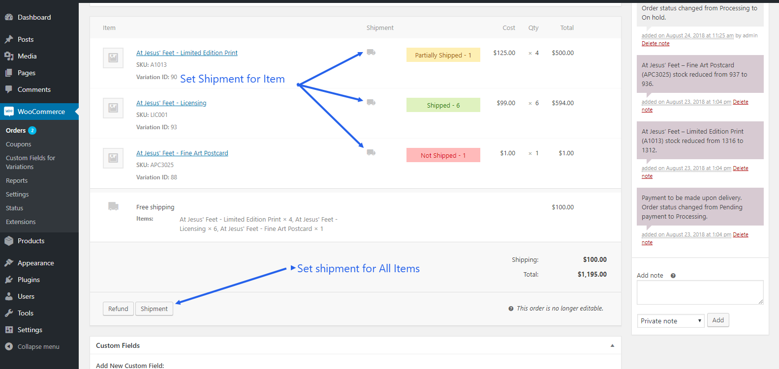Order screen shipment icons and buttons