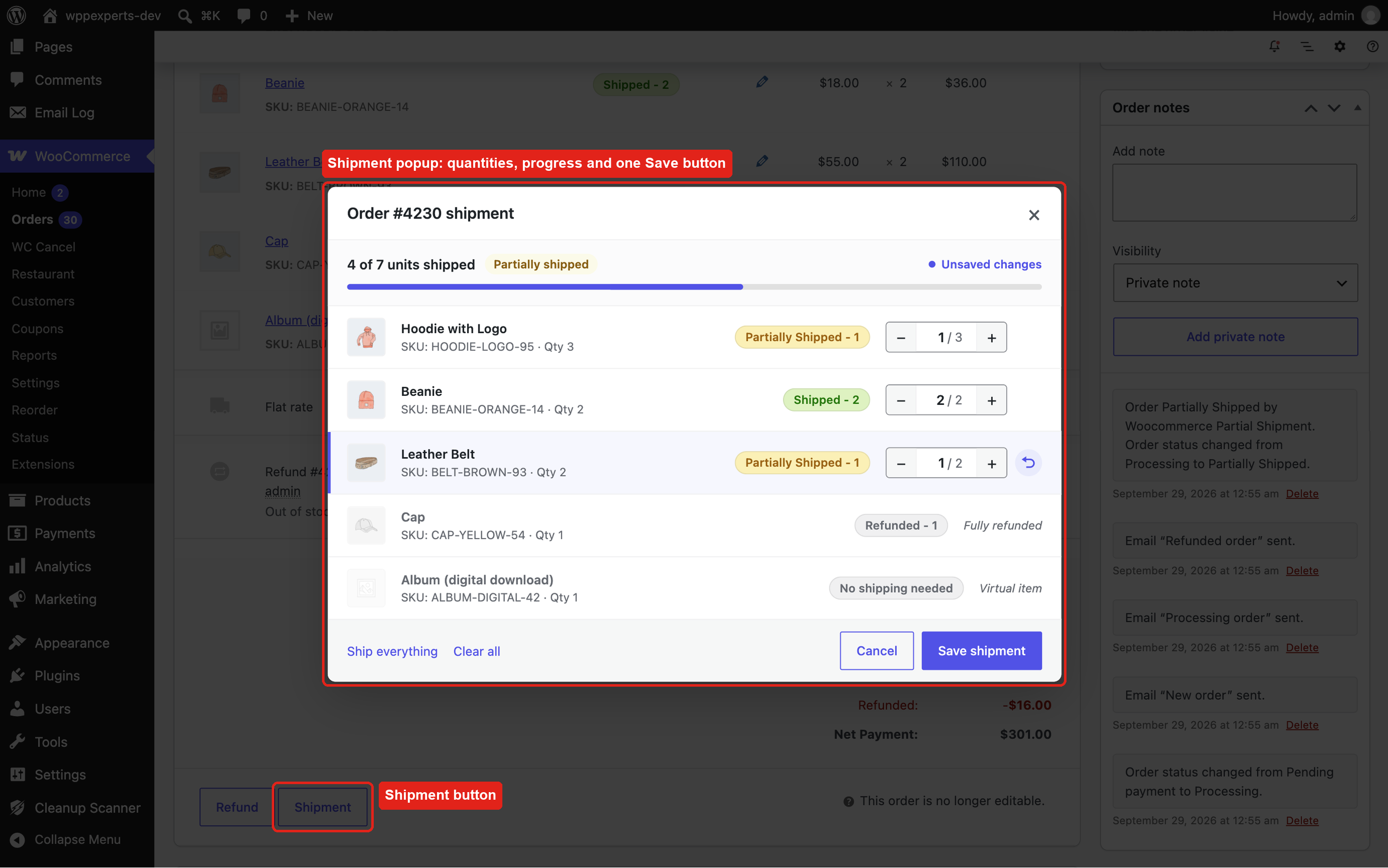 Shipment popup on the order screen: shipped quantity per item, progress and one Save button.