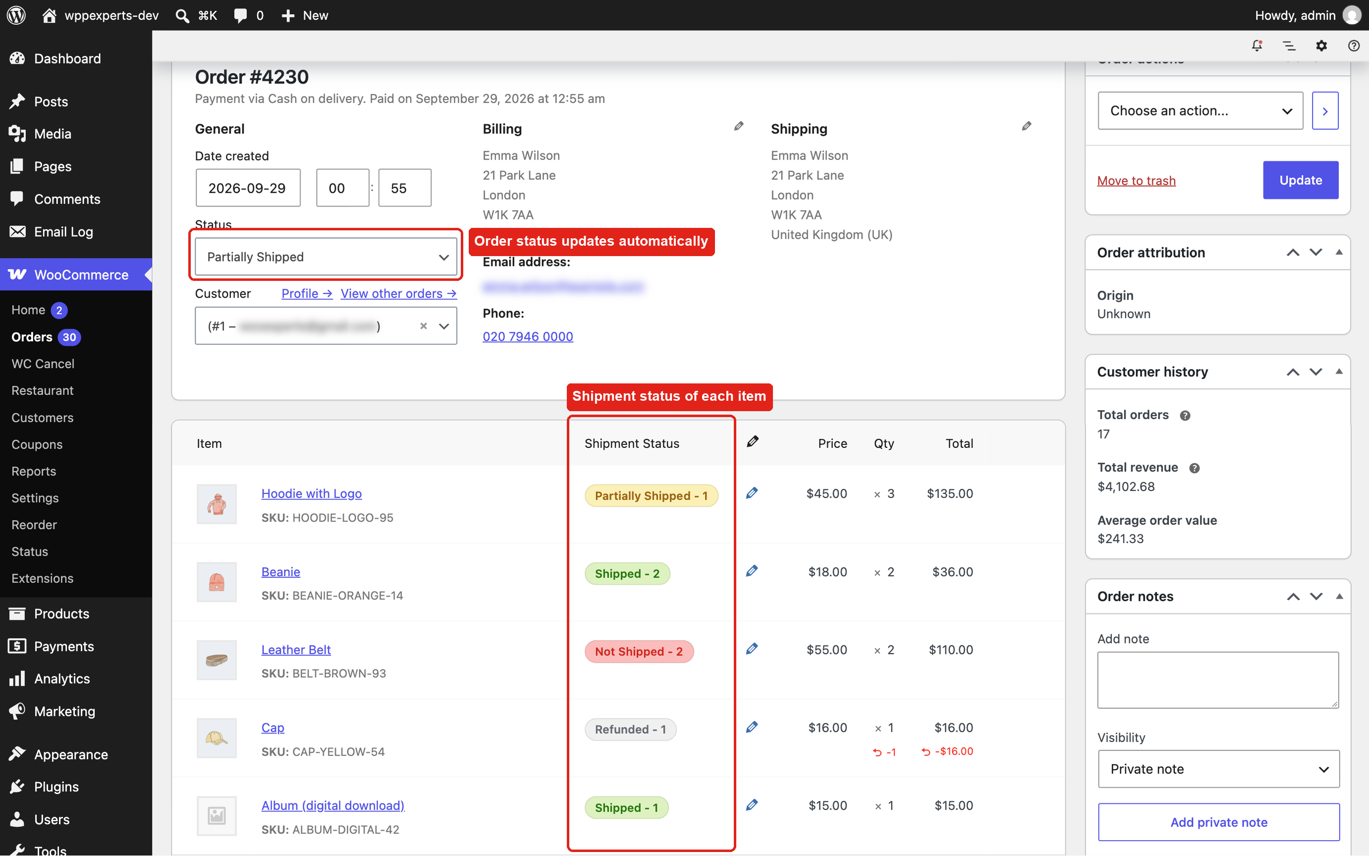 Shipment status of each item on the order screen; the order status follows automatically.