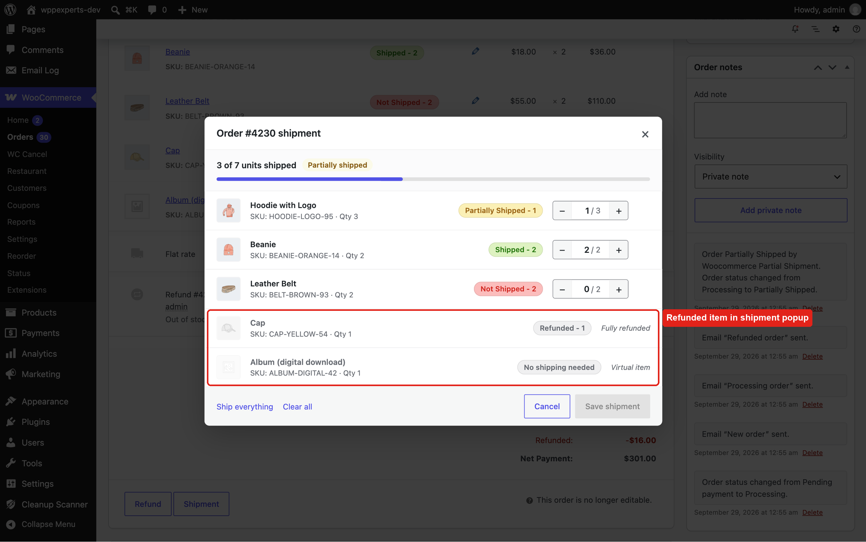 Refunded and virtual items in the shipment popup need no shipping.