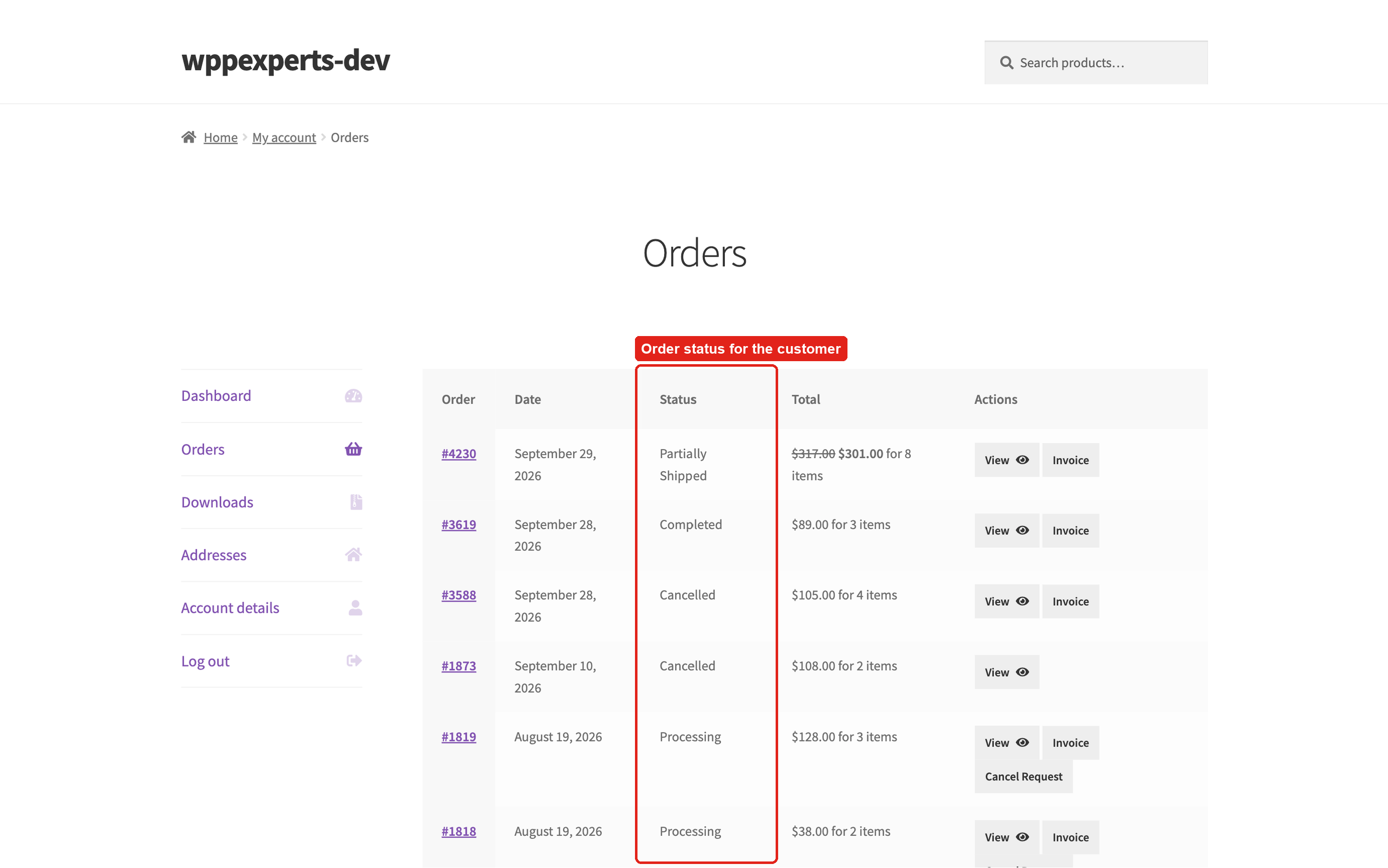 Order status in the customer's My Account orders list.