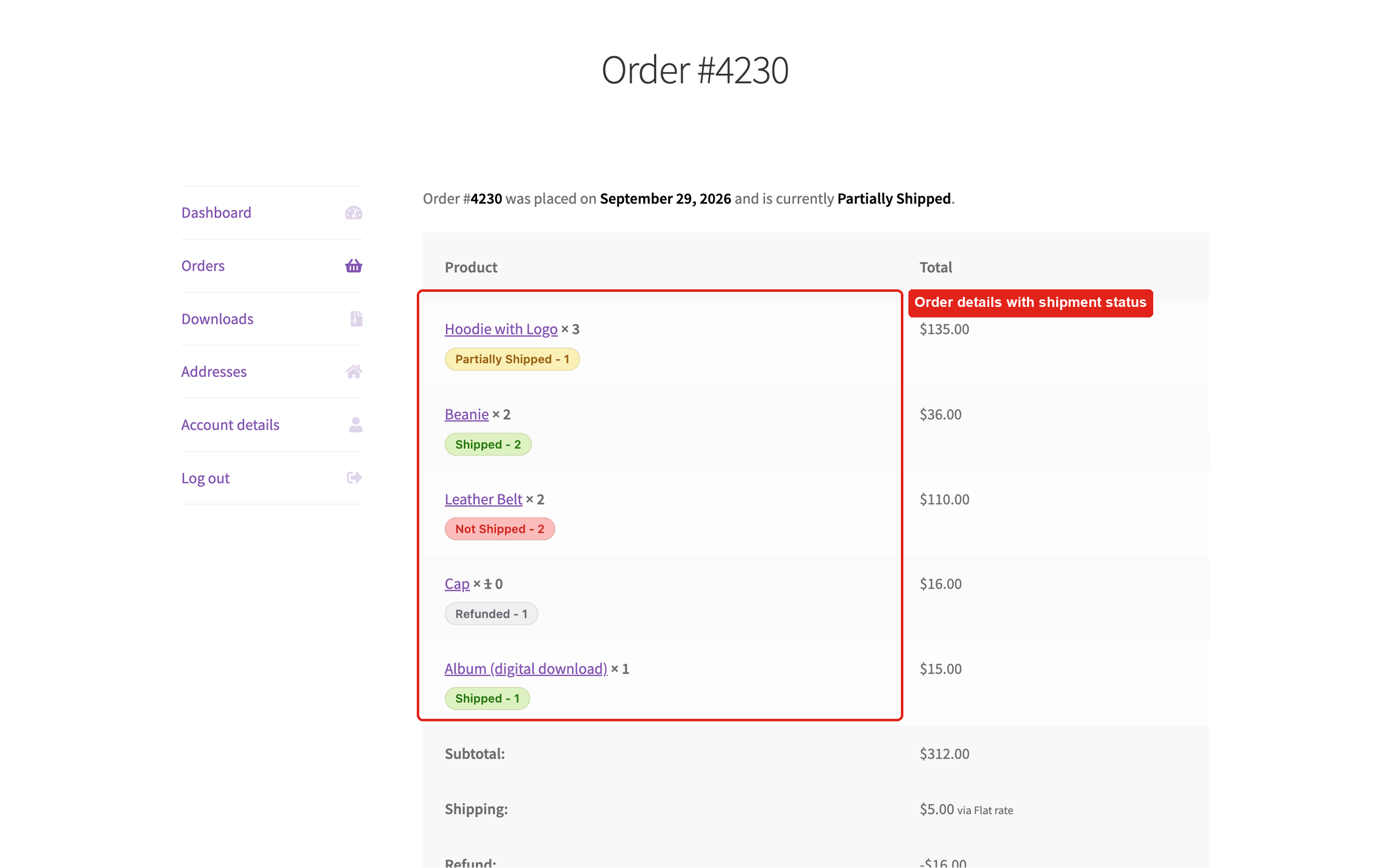 Shipment status of each item on the customer's order details page.