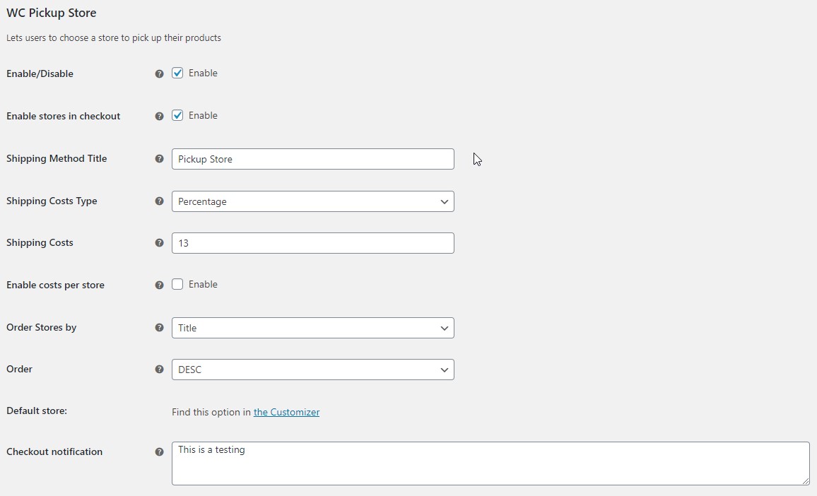 WC Pickup Store shipping configurations.