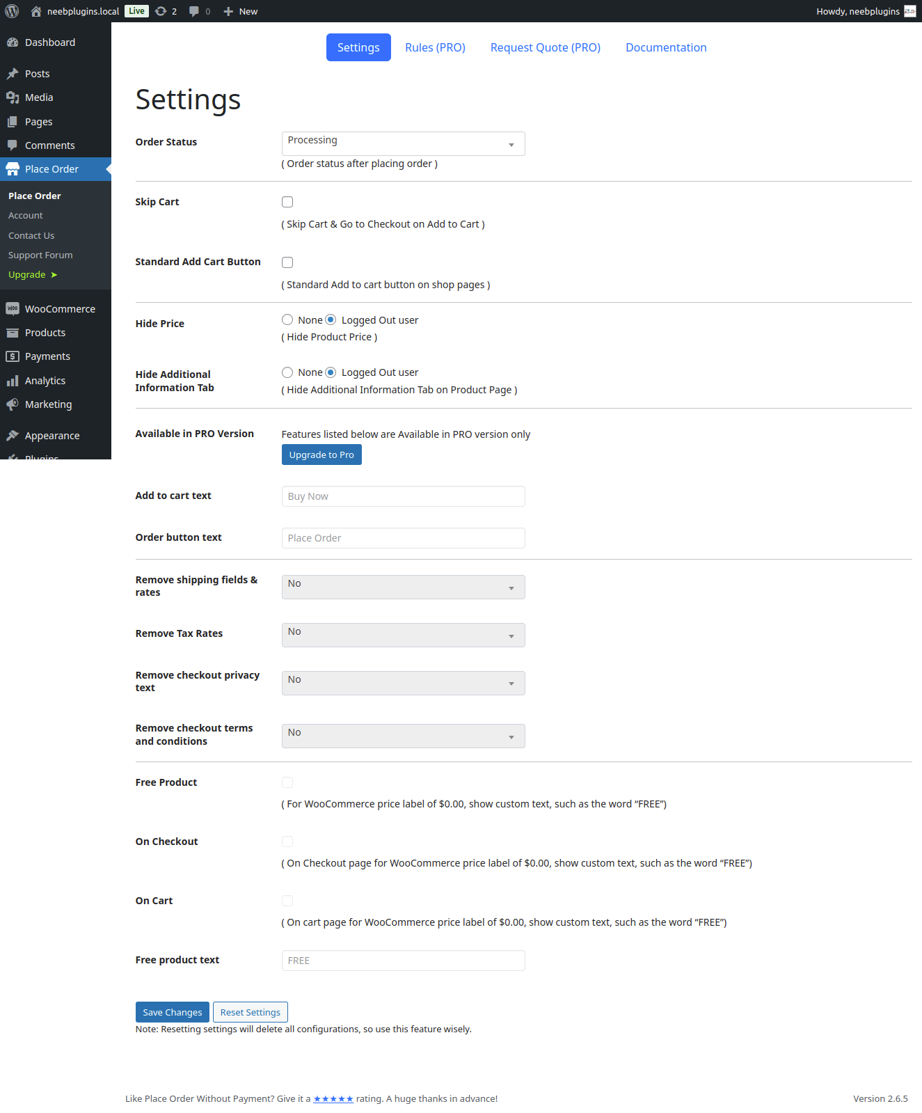 Settings page.
