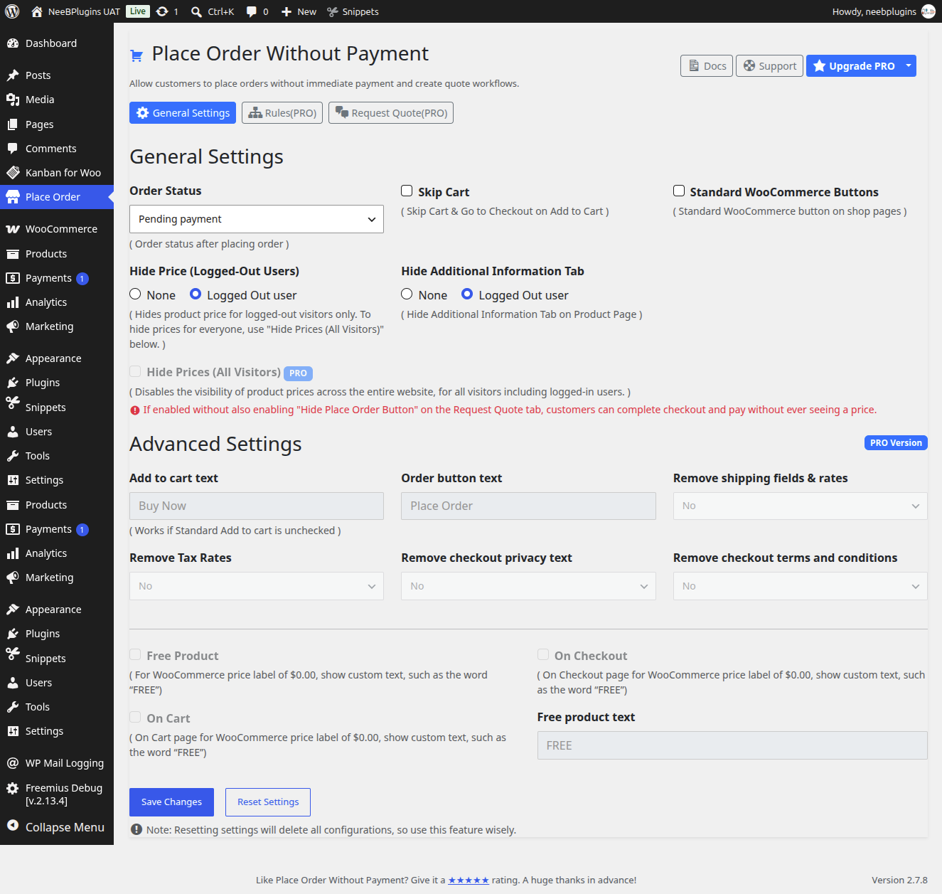 Settings page