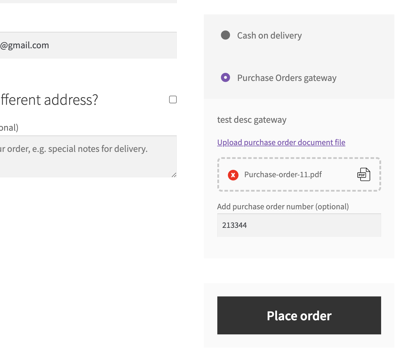 Purchase orders gateway on checkout page on the frontend.