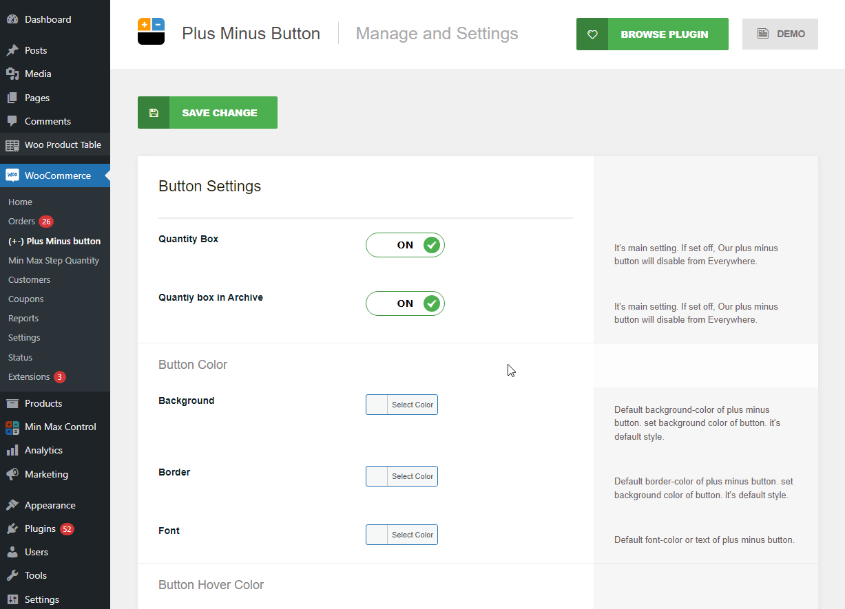 Quantity button setting page with custom color selection