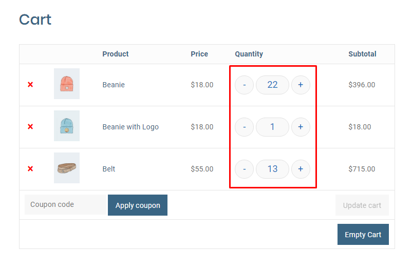 Quantity button in WooCommerce cart page