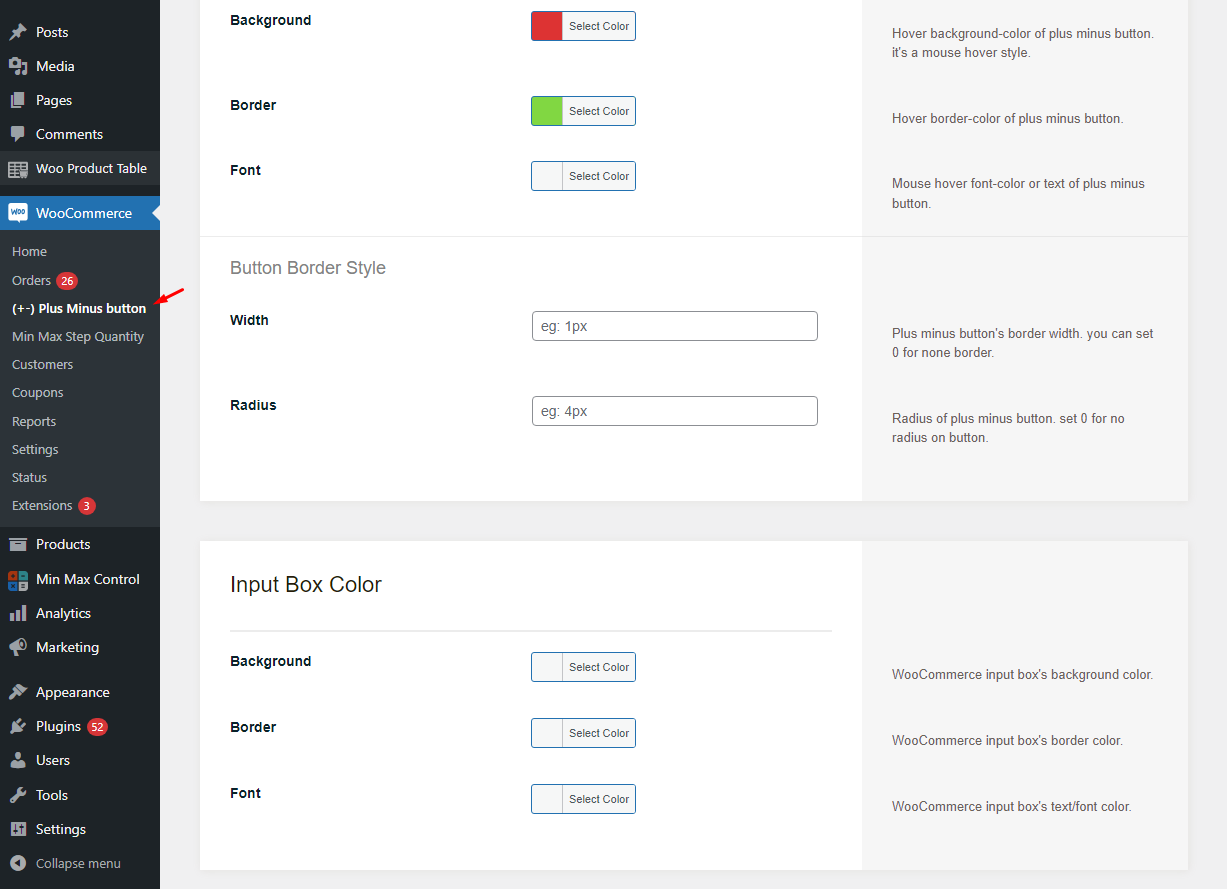 Quantity button setting page with custom color selection