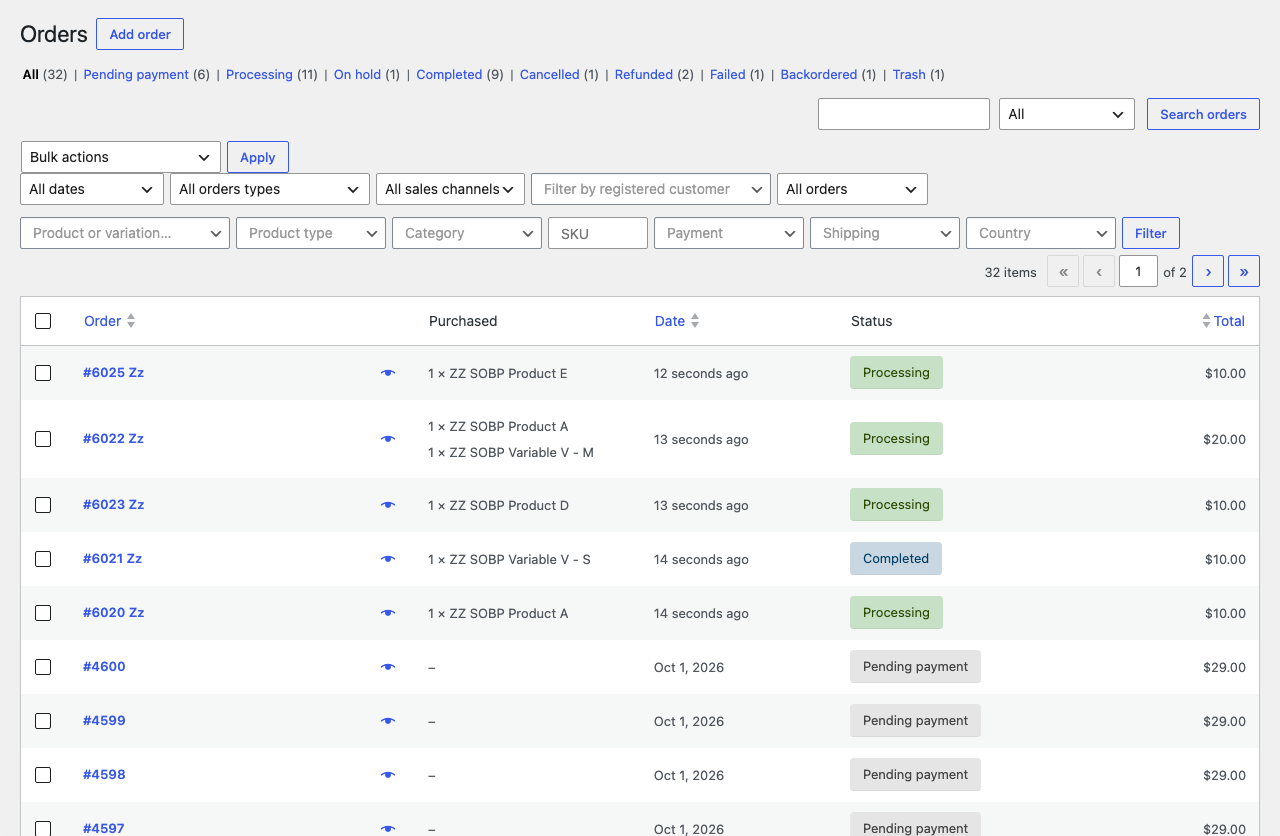 The orders screen with the product, type, category, payment, shipping, country and SKU filters and the Purchased column.