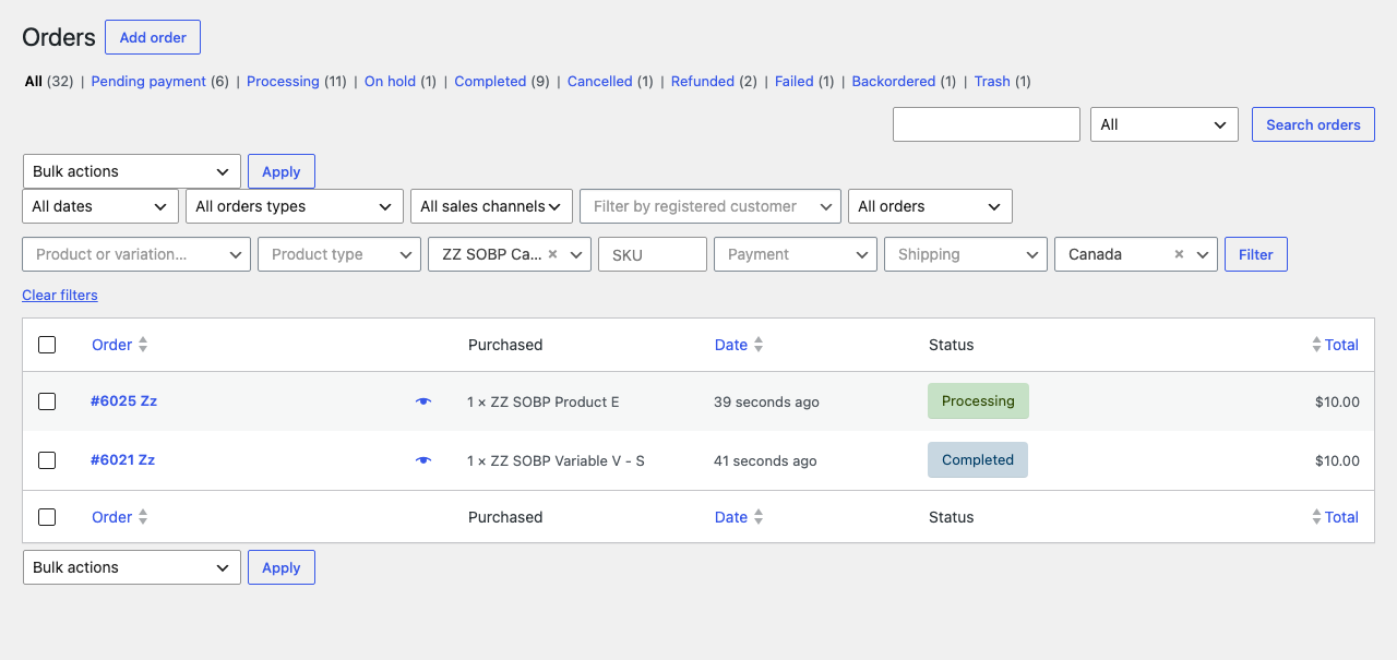Orders filtered by a category (sub-categories included) and a billing country.