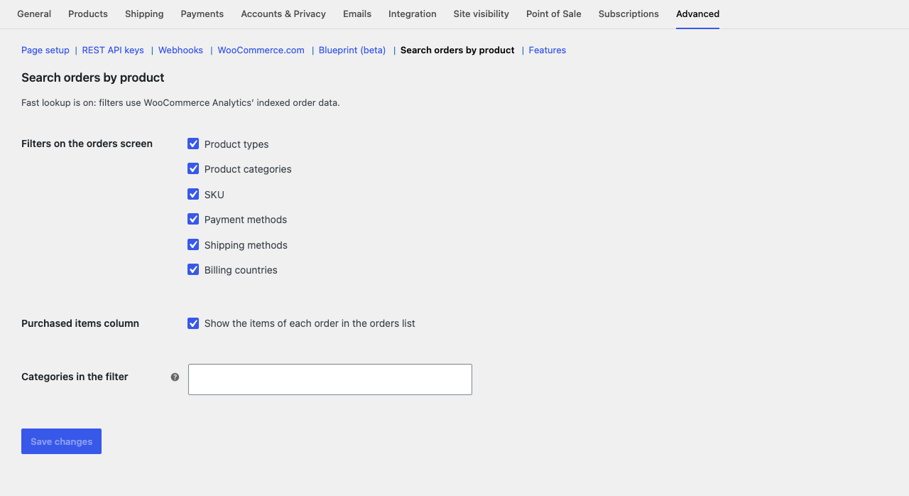 Settings under WooCommerce > Settings > Advanced > Search orders by product.