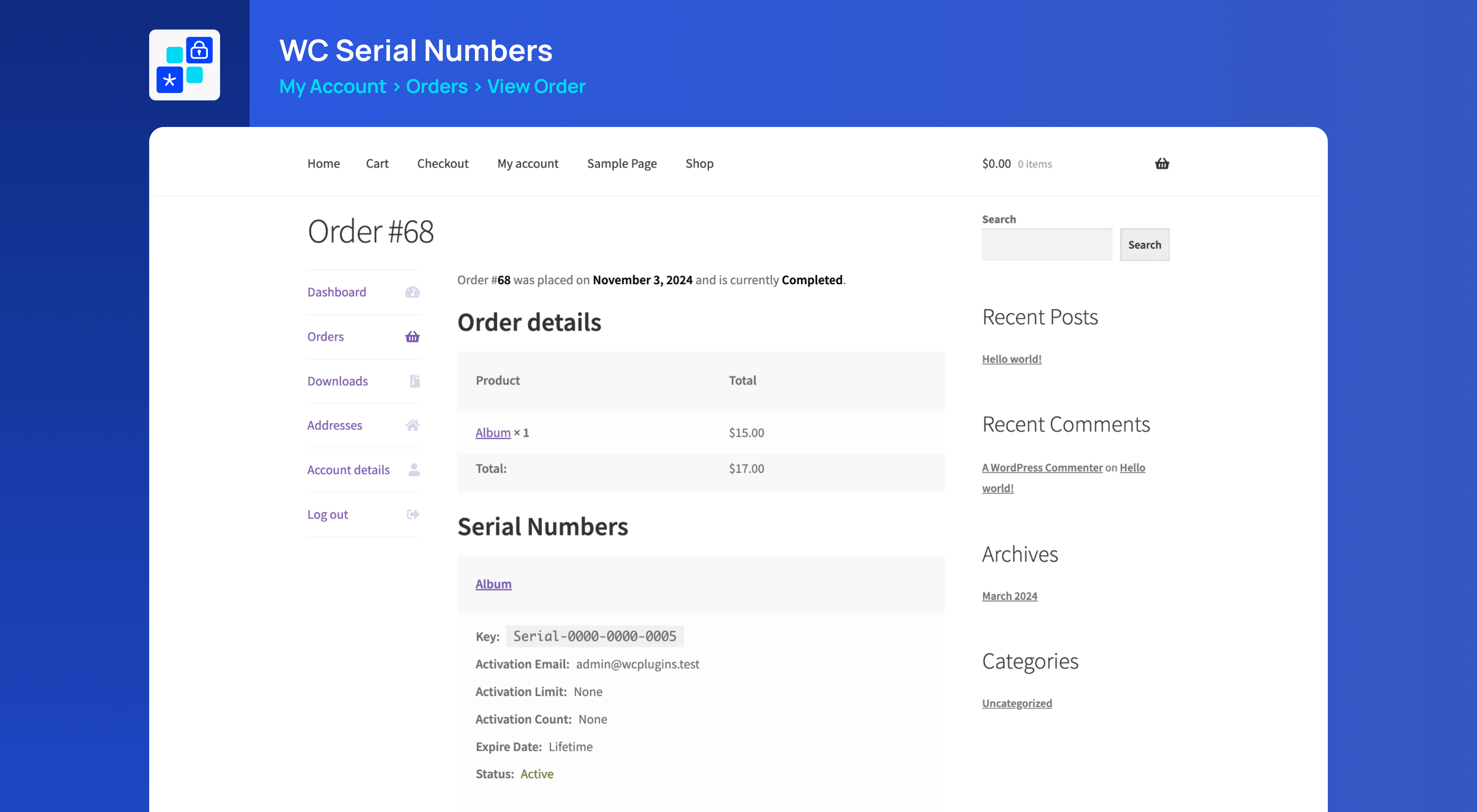My Account Page Order Details with Keys