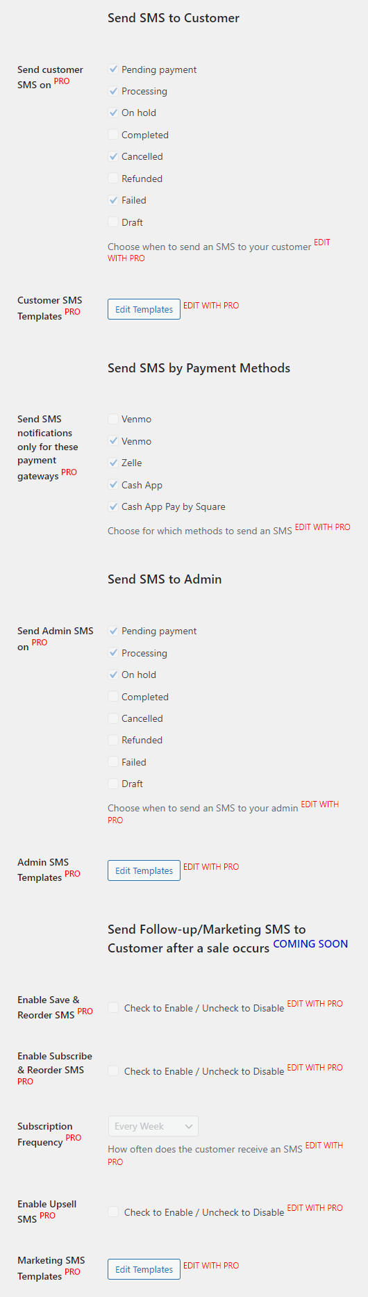 Send SMS plugin settings