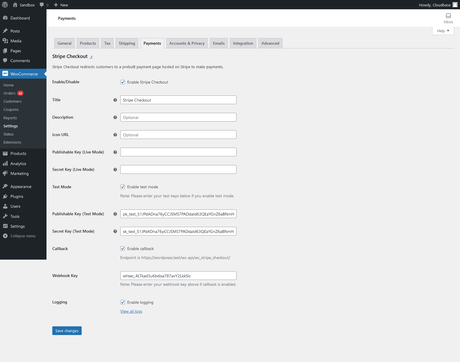 The Stripe Checkout settings page located at the WooCommerce backend