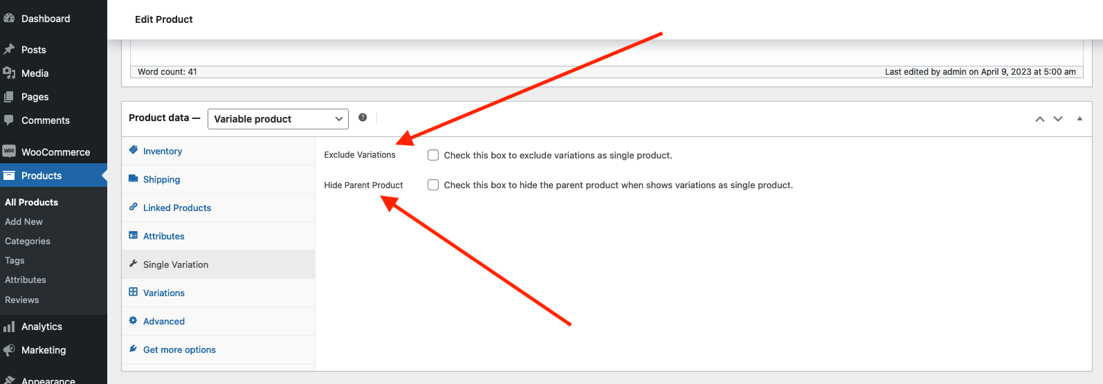 Exclude variations and hide parent product on product page