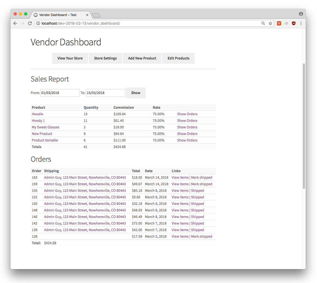 Vendor dashboard