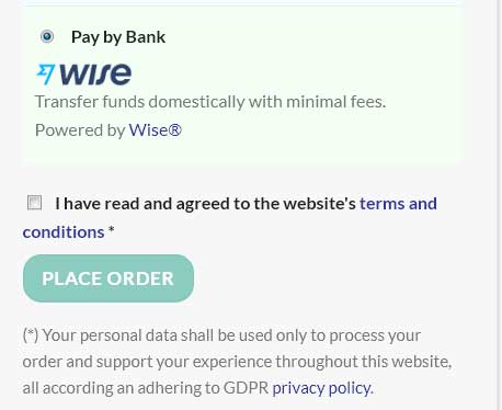 Checkout page detail displayed in the frontend, when the Wise payment method has been enabled in the backend.